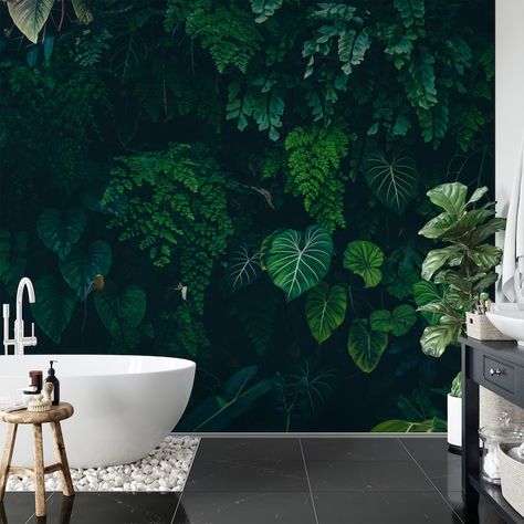 Tropical Nature With Monstera Leaves in a Dark Jungle - Etsy Australia Dark Green Wallpaper Bathroom, Jungle Wallpaper Bathroom, Dark Jungle Wallpaper, Dark Green Bathroom Ideas, Green Bathrooms, Jungle Background, Dark Jungle, Green Leaf Wallpaper, Tropical Nature