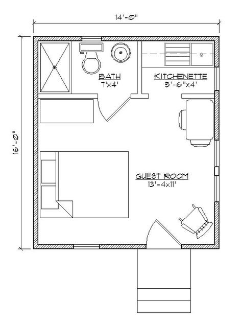 Small house plan for outside guest house.  Make that a Murphy bed with bookcases built in on either side and it would be awesome. Tiny Guest House, Murphy Bed Plans, Cabin Floor, Small Cottages, A Small House, Cabin Floor Plans, Guest Houses, Tiny House Floor Plans, Small House Plan