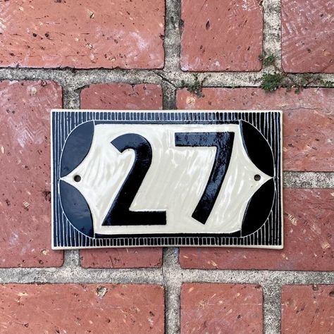 House Number Yard Sign Diy, Front Yard Address Sign, Cottage House Numbers, Hand Painted House Numbers, Front Exterior House Design, Ceramic Address Plaque, Clay House Numbers, Address Numbers On House, Creative House Number Ideas