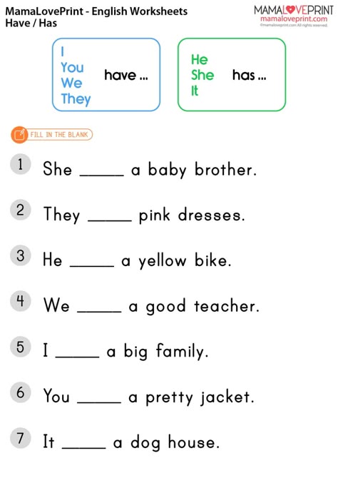 MamaLovePrint . Grade 1 English Worksheets . Basic Grammar (Have / Has) PDF Free Download Have Has Had Grammar Rules, Has And Have Grammar Rules, Verb To Have Worksheets For Kids, Has Have Worksheets Grade 1, Have Has Worksheets, Has Have Worksheets, Has Have, Grade 1 English Worksheets, Letter Writing For Kids