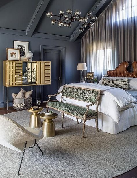 Vaulted Ceiling Bedroom, Grey And Gold Bedroom, Dark Gray Bedroom, Dark Bedroom Furniture, Curtains Design, Bedroom Gray, Grey Ceiling, Grey Wall Decor, Grey Bedroom Furniture