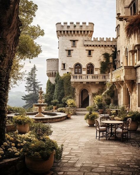 Castle Style House, Fantasy Courtyard, Medieval Castle Interior, Midevil Castle, Tuscan Castle, Teapot Ideas, Castle Courtyard, Forest Kingdom, Castle Exterior