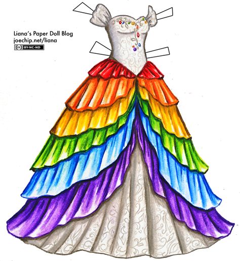 A white gown with a sweetheart neckline and off-the-shoulder poofed sleeves. The bodice is covered with a lacy pattern, and different colors of gemstones scattered along the edge and trailing down towards the waist. The full skirt is covered with seven layers, one for each color of the rainbow, with red near the waist, then orange underneath it, then yellow, green, blue and finally purple. Each layer is longer than the one before, and they split at the front of the gown to reveal the white ... Rainbow Wedding Dress, White Princess Dress, Kraf Kertas, Rainbow Skirt, Historical Movies, Idee Cosplay, Rainbow Wedding, Rainbow Outfit, White Gown