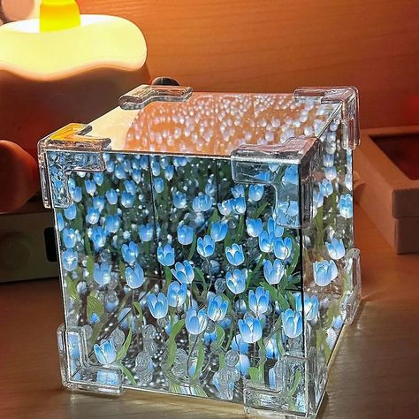 DIY Tulip Mirror Cube Lamp - Simulated Flower Bedroom Sleeping Table Lamp #TulipMirrorLamp #SimulatedFlowerLight #BedroomTableLamp #HandmadeCraftLamp #MirrorNightLight #DIYLamp #SleepingLightDecor Tulip Mirror, Mirror Cube, Mirror Bedroom Decor, Tulip Lamp, Cube Lamps, Flower Bedroom, Mirror Lamp, Cube Design, Bedroom Gift