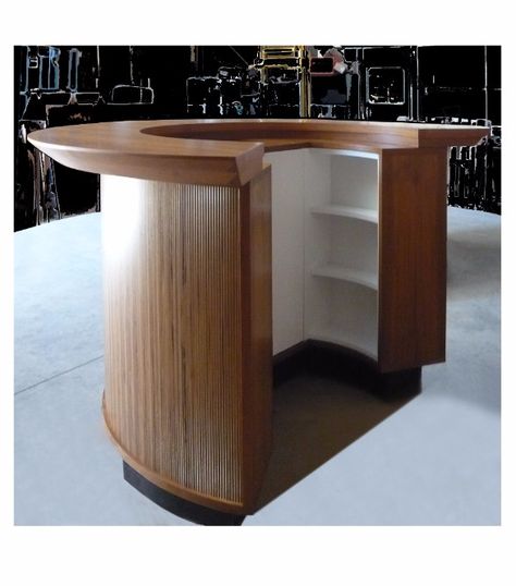 Lumine teak circular bar counter Circular Bar Counter, Circular Bar Design, Sustainable Booth, Curved Bar Counter, Freestanding Bar, Curved Bar Design, Circular Bar, Apothecary Design, Bar Bench