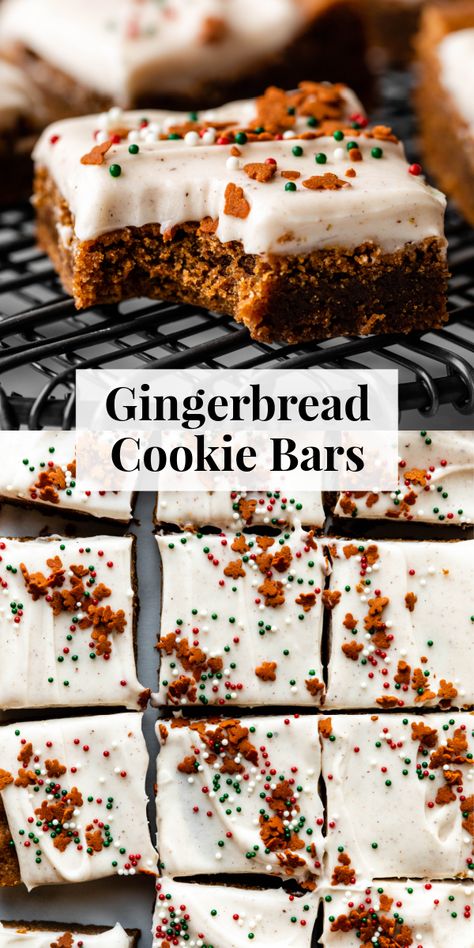 These soft gingerbread cookie bars are so easy to make—no dough chilling or rolling required! Top with spiced cream cheese frosting. #Gingerbreadrecipes #holidaybaking #Christmascookies Gingerbread Cookies For Kids, Dessert For Banquet, Gingerbread Snacking Cake, Gingerbread Baking Ideas, Cream Cheese Stuffed Gingerbread Cookies, Christmas Cake Batter Cookies, Non Cookie Christmas Treats, Baked Holiday Treats, Christmas Sugar Cookie Bars Recipe