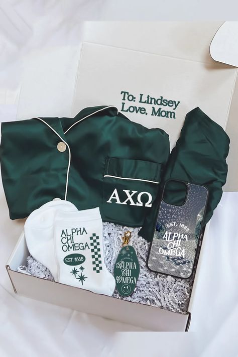 Green Pajamas Gift Box: Alpha Chi Omega-Themed Sorority Swag Bag, Sorority Senior Gifts, Alpha Chi Omega Merch, Big Little Basket Theme, Axid Sorority, Big Little Baskets, Axo Merch, Big Little Gift Ideas, Adpi Merch