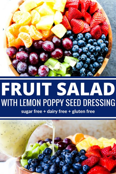 A beautiful fruit salad is made even more spectacular when you toss it in Lemon Poppy Seed Dressing. So colorful & sweet but with no sugar! Whole 30 Fruit Salad, Paleo Fruit Salad, Citrus Fruit Salad, Gf Dinners, Salad Supreme, Lemon Poppy Seed Dressing, Cookout Recipes, Paleo Salad, Berry Fruit Salad