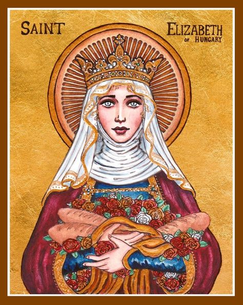 St. Elizabeth of Hungary by Theophilia on deviantART ~ watercolor, ink & gold leaf St Elizabeth Of Hungary, Saint Elizabeth Of Hungary, Elizabeth Of Hungary, Female Saints, St Elizabeth, Saint Elizabeth, Catholic Images, San Francesco, Religious Images