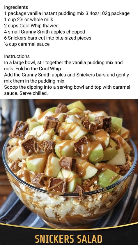 Snickers Salad Snickers Dessert, Snickers Recipe, Snicker Apple Salad, Snickers Salad, Apple Salad Recipes, Strawberry Dessert Recipes, Instant Pudding Mix, Starbucks Drinks Recipes, Apple Salad