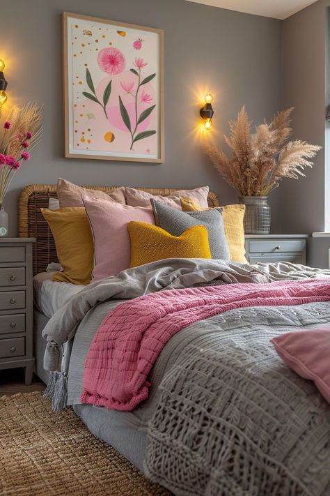 Grey And Pink Bedroom Decor, Grey And Pink Bedroom, Pink And Grey Bedroom, Girly Bedroom Ideas, Feminine Home Decor, Pink Bedroom Walls, Feminine Home, Grey Bedroom Decor, Feminine Bedroom