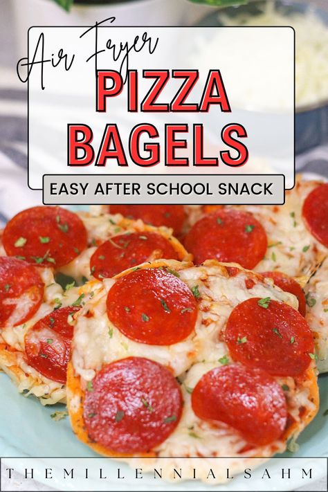 Pizza Bagels Recipe (An Easy Air Fryer Recipe) Bagel Recipe Air Fryer, Pizza Bagel Recipe, Pizza Air Fryer, Bagel Pizza Recipe, Pizza Bagel, Air Fryer Easy, Air Fryer Pizza, Toddler Friendly Meals, Recipe Air Fryer