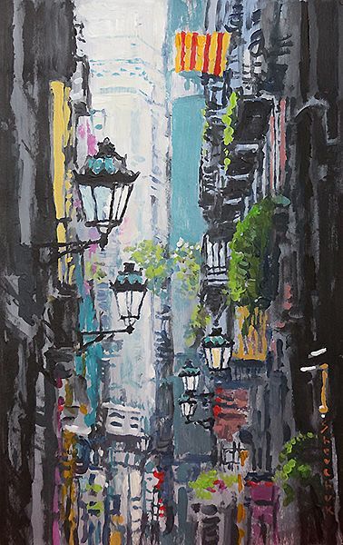 Spain Series 03, Barcelonat by Yuriy Shevchuk. Acyrlic Painting, Back In 1963, Cityscape Paintings, Enzo Ferrari, Acrylic Painting On Paper, To My Son, Cityscape Painting, Art Pages, Art Oil