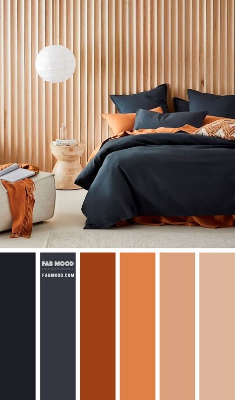 bedroom color scheme, bedroom color ideas, bedroom color combo, best bedroom colors, bedroom colors, bedroom color palette Wooden Bedroom Color Schemes, Butterscotch Bedroom, House Themes Ideas Interior Design Color Schemes, Bedding Color Combo Ideas, Rust Colored Bedroom, Wooden Color Palette, Rust Bedroom, Rust Color Palette, Charcoal Color Scheme