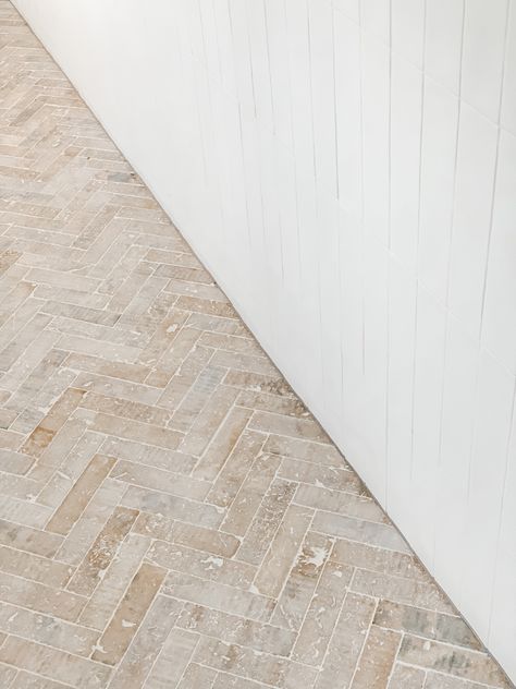 Travertine Herringbone Tile Floor, Herringbone Travertine Floor, Limestone Herringbone Floor, Sandstone Bathroom Ideas, French Tile Floor, Small Hexagon Tile Bathroom Floor, Powder Room Flooring, Herringbone Brick Patio, Kitchen Floors Ideas