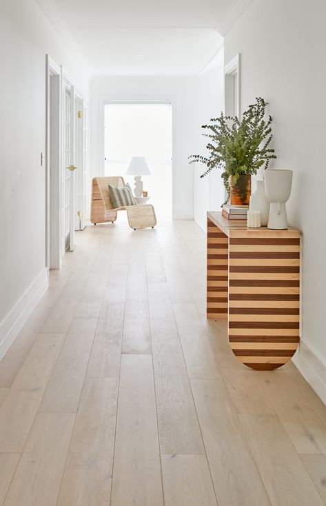 Three Birds Renovations House 14 / White Oiled - Timber Flooring Project | Woodcut Bleached Oak Flooring, Coastal Oak Flooring, White And Timber Interior, Oak Floors Kitchen, Light Timber Flooring, Light Wood Floors Living Room, Entryway Photos, Light Oak Flooring, Timber Floorboards