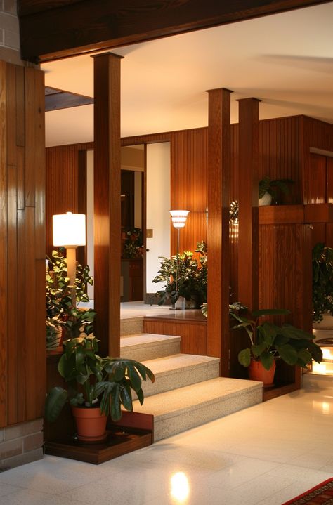 32 Inspirational 70s Hallway Designs To Help You Recreate The Aesthetic 1970s Mid Century Modern House, 60s Home Decor Mid Century Modern, Unique House Details, Mid Century Interior Design Living Room, New Modern House Design Interior, 70s Aesthetic House, 70s Hallway, 70s House Aesthetic, 70s Houses