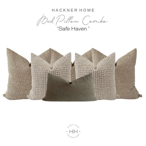 Discover our luxurious bed pillow cover combo 'Safe Haven', meticulously crafted to transform your bedroom into a serene oasis. Featuring premium, high-quality materials, this pillow cover combo offers unmatched comfort and durability. Its elegant design seamlessly integrates into any decor, enhancing your sleeping space with a touch of sophistication. I T E M S Set includes 6 Pillow Covers: Full & Queen Size Bed: (3) 22x22 Rye | Same Back (2) 20x20 Patchwork | Same Back (1) 16x26 Liman Espresso Bedroom Pillows Arrangement, Bed Pillow Arrangement, Cushion Arrangement, Blue Linen Pillows, Purple Pillow Covers, Pillow Combo, Tan Pillows, Coastal Throw Pillows, Bed Pillow Covers