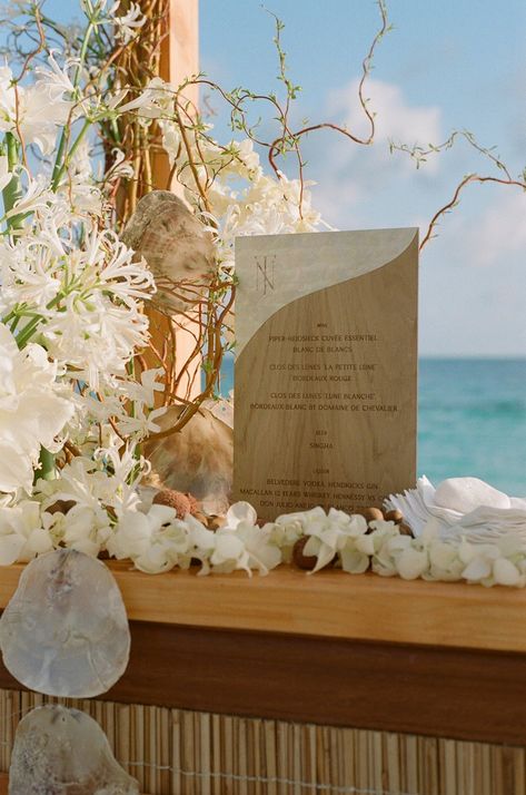 Beach Bar Wedding Decor, Beach Wedding Signage, Aesthetic Beach Wedding, Beach Wedding Bar, Intamite Wedding Beach, Beach Welcome Party, Whimsical Beach Wedding, Jesse Tombs, Intimate Beach Reception