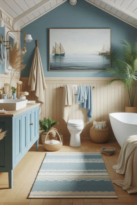 Bring the beach home with this soothing combination of ocean blue and sandy beige. A vacation vibe for your daily routine. #CoastalBathroom #BeachInspired Beach Home Color Palette, Blue Tan Bathroom, Blue And Green Bathroom, Beige And Blue Bathroom, Blue And Tan Bathroom, Beach Theme Bathroom Ideas, Sherwin Williams Tidewater, Tan Bathroom, Turquoise Bathroom