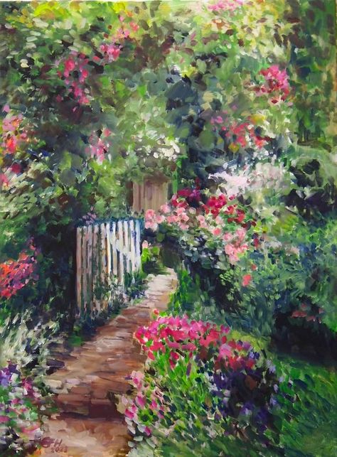 Welcome Painting by Ellen Fasthuber-Huemer | Saatchi Art English Garden Painting, Paintings Of Gardens, Welcome Painting, Secret Garden Painting, Flower Garden Painting, Garden Paintings, Original Flowers, Canvas Art Painting Acrylic, Landscape Flowers