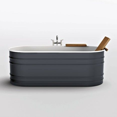 Steel tub from Agape Vieques in grey - alternative to having a built-in marble enclosed tub. Have a free standing charcoal tub, surrounded by white in shower area. we could bring in dark floors in front of sink with a dark accent wall behind mirrors - would be very striking! Old Fashioned Bathtub, Dog Bath Tub, Dark Accent Walls, Steel Tub, Kids Rooms Diy, Standing Bath, Stock Tank, Dog Wash, Dog Bath