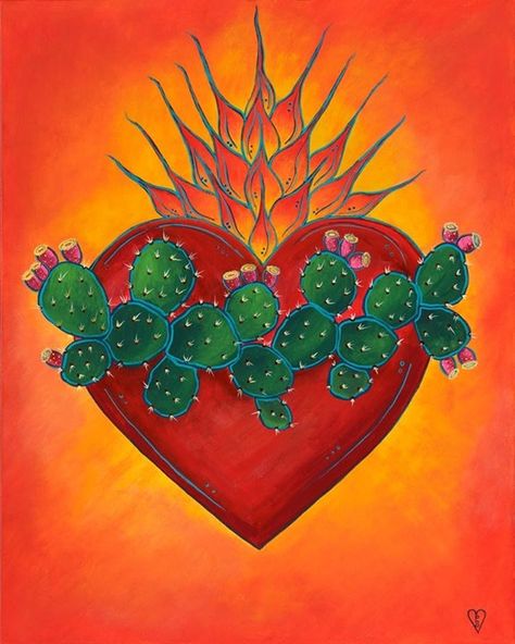 Dedicado a Esaú Mexican Art Painting, Sacred Heart Art, Mexican Artwork, Mexican Paintings, Mexican Culture Art, Mexico Art, Cactus Art, Chicano Art, Folk Embroidery