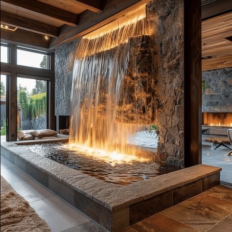 Interior Waterfall Design, Waterfall In House, Inside Waterfall, Interior Waterfall, Indoor Waterfall Wall, Outdoor Chapel, Cave Houses, Spa Massage Room, Massage Ideas