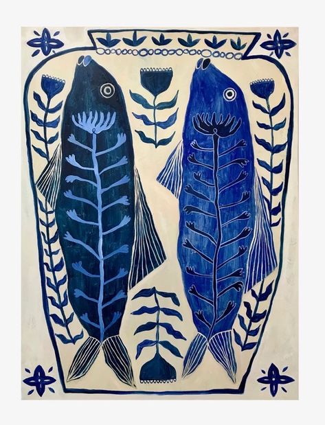 Ancient Fish, Scale Painting, Folk Art Fish, Contemporary Folk Art, Arte Folk, Fish Illustration, Artist Illustration, Blue Painting, Fish Painting