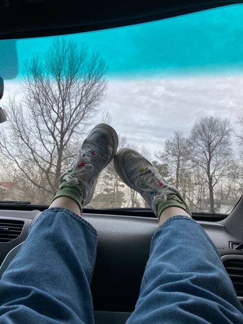 Old Nike Air Force 1s that have been decorated with beads, letters, and hair clips. green ruffled socks and larger jeans. Feet resting on dash of car by windshield. Beads Letters, Old Nike, Old Nikes, Nike Air Force 1s, Air Force 1s, Ruffled Socks, Nike Air Force 1, Air Force 1, Nike Air Force