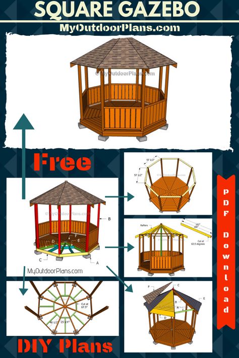 Easy to follow plans for you to build an octagonal gazebo. This gazebo features railings on the sides and a beautiful roof. PDF Download and Print Friendly. Cut / Shopping list included! #gazebo #diygazeb0 #gazeboplans Gazebo Building Plans, Gazebo Plans Diy Step By Step, How To Build A Gazebo, Gazebo Plans Diy, Free Gazebo Plans, Diy Gazebo Ideas Cheap, Wooden Gazebo Plans, Octagonal Gazebo, Gazebo Blueprints