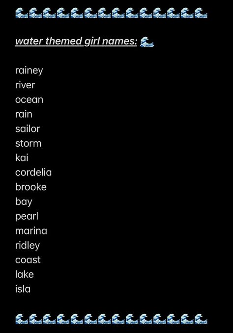 water themed girls names! 🌊 Marina Name Meaning, Ocean Themed Dog Names, Ocean Last Names, Water Last Names, Male Names That Mean Water, Water Names Ideas, Beach Names Ideas, Water Names Girl, Ocean Themed Names