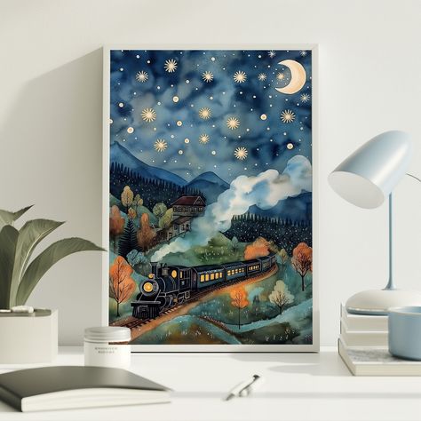 Train Theme Nursery, Train Room For Boys, Train Painting, Train Nursery, Playroom Posters, Dreamy Atmosphere, Starlit Sky, Train Posters, Whimsical Nursery