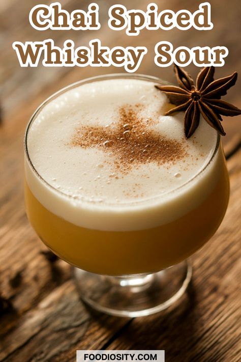 Warm up this season with a Chai Spiced Whiskey Sour! This unique twist on the classic cocktail brings the rich flavors of chai spices together with the smoothness of whiskey for a drink that's bold, cozy, and perfect for fall. Ideal for sipping by the fire or serving at your next gathering. Click to get the recipe and shake up something special this season! Festive Holiday Cocktails, Whiskey Smash, Chai Spices, Cinnamon Whiskey, Cozy Drinks, Whiskey Sour, Hot Toddy, Whiskey Drinks, Fall Cocktails