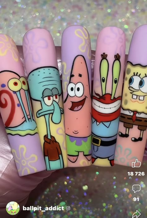 Drawing Nails Ideas, Cartoon Acrylic Nail Designs, Nail Art Designs Character, Cartoon Art On Nails, Character Nails Designs, Cartoon Nail Art Step By Step, Cartoon Nails Art, Characters On Nails, Weird Acrylic Nails