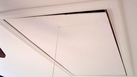 Attic Door Trim, Hide Attic Door In Ceiling, Ceiling Attic Access Cover, Pull Down Attic Door Decorative, Attic Door Ideas Pull Down, Attic Door Cover, How To Finish An Attic, Attic Door Insulation, Attic Access Door