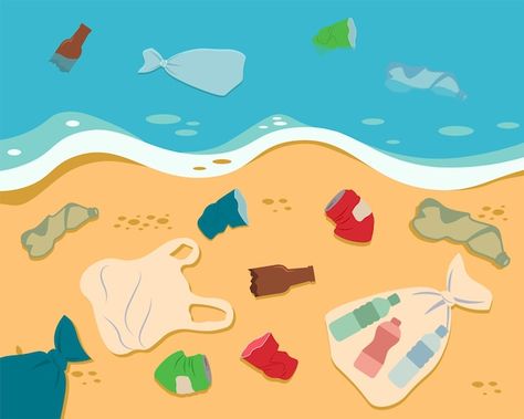 Dirty sea shore plastic trash rubbish on... | Premium Vector #Freepik #vector #rubbish #trash #plastic-pollution #environmental-pollution Sea Pollution Art, Kolaj Art, Rubbish Art, Beach Pollution, Turtle Eating, Ocean Trash, Sea Drawing, Ocean Poster, Beach Drawing