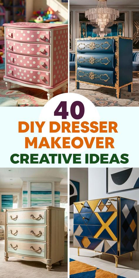 Discover inspiring DIY dresser makeover ideas to elevate your bedroom decor. Transform old furniture into stylish statement pieces with a fresh coat of paint, new hardware, or creative embellishments. These projects will breathe new life into your space and reflect your unique design aesthetic. Let's get creative and make your dresser the star of the room! Diy Dresser Makeover Ideas, Dresser Makeover Ideas, Hand Painted Dressers, Repurposed Dresser, Dresser Redo, Trending Crafts, Diy Dresser Makeover, Unique Hardware, Mirror Makeover