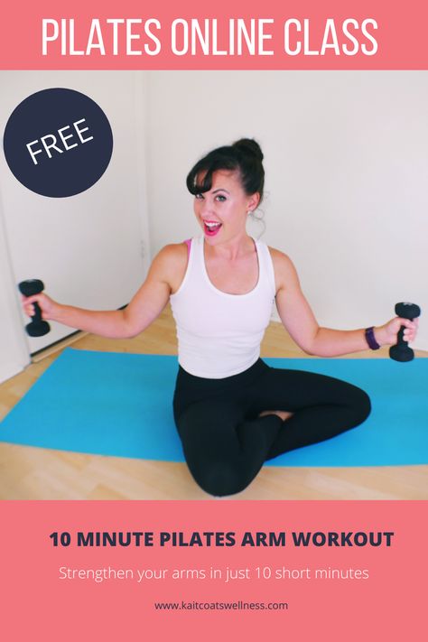 This 10 minute arm workout with weights is wonderful for anyone looking to strengthen your upper body. Whether you just want to strengthen your back, shoulders, and arms or you are looking to help make your posture better, you'll love this short but intense 10 minute Pilates arm workout class! #pilateswithkait #kaitcoats #pilatesforbeginners #pilatesisforeverybody #pilatesarms #loveyourbody #loveyourworkout #freepilatesonline #freeyogaonline #freeworkoutonline #bodypositiveworkout Arm Workout Women Pilates, Upper Body Wall Pilates Workout, Pilates For Arms And Back, Wall Pilates Workout For Arms, Upper Body Pilates Workout, Arm Pilates Workout, Pilates For Arms, Pilate Workouts, Hand Weight Workout