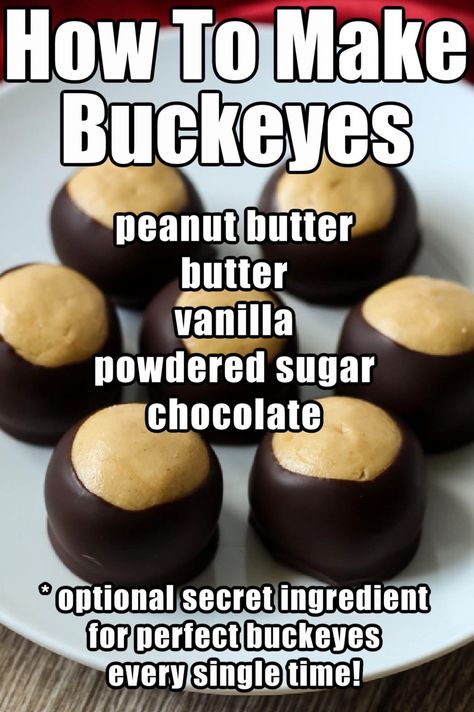 Buckeye Ingredients Best Buckeyes Recipe, Buckeye Balls Recipe, Buckeye Recipe Easy, Buckeye Recipe, Buckeye Candy, Buckeyes Candy, Buckeye Cookies, Peanut Butter Buckeyes, Buckeyes Recipe