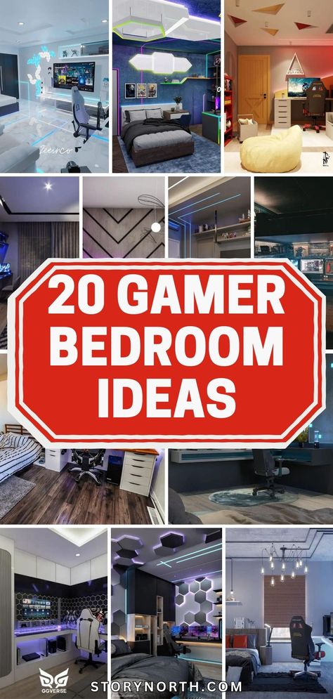 Save this pin for top tips and inspiration to transform your bedroom into a gamer's paradise! Get ready to level up your decor game with these creative ideas. #GamerBedroom #HomeDecoration #GameRoomIdeas Gaming Desk In Bedroom, Gaming Loft Ideas, Blue Gamer Bedroom, Teen Boys Gamer Bedroom Ideas, Bedroom Gaming Setup Ideas, Gamer Basement Ideas, Retro Game Room Ideas, Fortnite Room Ideas, Men’s Game Room