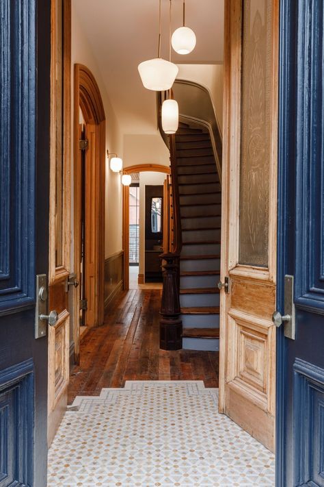 Brownstone Interiors, Nyc Brownstone, Adrian Grenier, New York Brownstone, Wooden Staircase, Townhouse Interior, Brooklyn Brownstone, Row House, Entry Hall