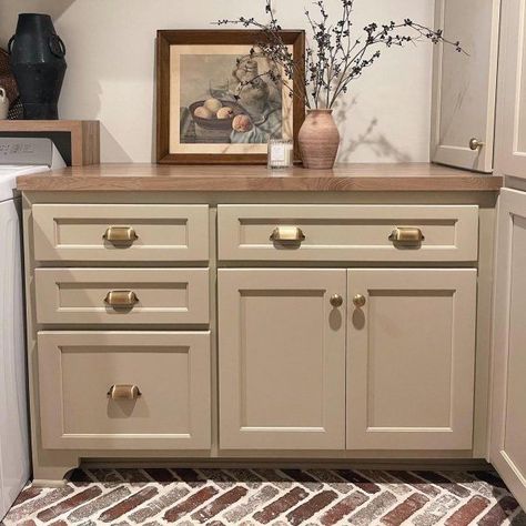 Sherwin Williams sandbar Sherwin Williams Cabinet Paint, Historic Paint Colours, Painted Built Ins, Bathroom Cabinet Colors, Laundry Room Colors, Kitchen Cabinet Color Ideas, Built In Buffet, Red Paint Colors, Yellow Paint Colors