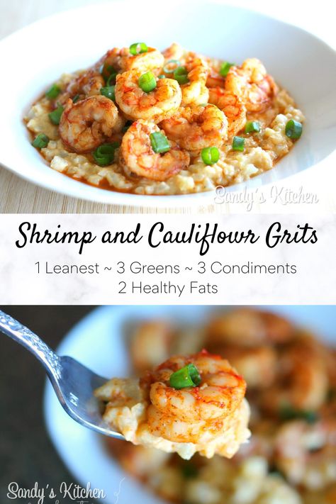 Shrimp and Cauliflower Grits! A healthier low carb version using cauliflower! Cheesy grits topped with spicy Cajun shrimp! Good old-fashioned comfort food! Shrimp And Cauliflower Grits, Cauliflower Grits, Recipes Cauliflower, Lean Protein Meals, Cheesy Grits, Lean And Green, Low Carb Low Fat Recipes, Boiled Egg Diet Plan, Lean Meals