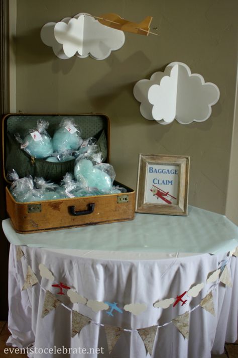 Airplane Party Table Decor, Airplane Birthday Party Favors, Airplane Baby Shower Centerpieces, Vintage Plane Baby Shower Ideas, Baby Shower Planes Theme, Plane Themed Baby Shower Ideas, Cloud Favors, Airplane Theme Baby Shower Decor, Airplane Themed Baby Shower Ideas