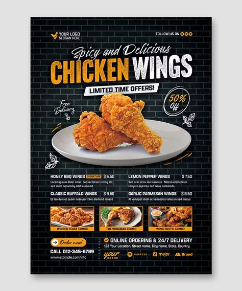 Chicken Wings Promotion Flyer Template PSD Wings Restaurant Design, Wings Restaurant, Honey Bbq Wings, Garlic Parmesan Wings, Lemon Pepper Wings, Honey Bbq, Buffalo Wings, Lemon Pepper, Garlic Parmesan