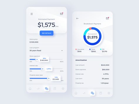 Exploration Mortgage Calculator by Rian Darma for Pixelz Studio on Dribbble Calculator Design, Ui Ux App, Finance App, Progress Bar, Banking App, App Design Inspiration, App Interface, Mobile App Ui, Dashboard Design