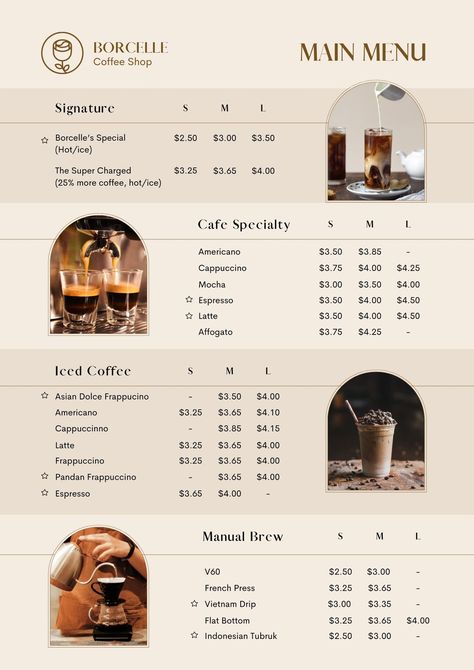 Beige Cream Simple Minimalist Coffee Shop Cafe Menu - Templates by Canva Menu Board Design Cafe, Coffee Menu Design Ideas Layout, Menu Design Ideas Cafe, Cafe Menu Design Layout, Coffee Menu Ideas, Coffee Menu Design Ideas, Menu Coffee Design, Cafe Menu Ideas, Menu Cafeteria