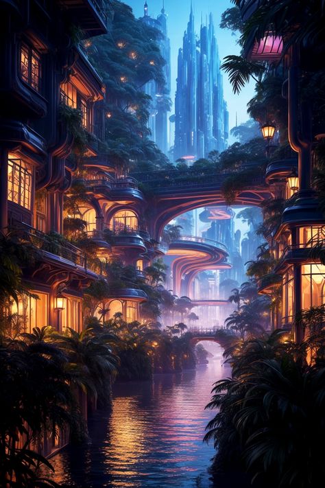 Modern Fantasy City Concept Art, Fae City, Solar Punk, Mansion Ideas, Sweet House, Scenery Art, Eco Architecture, Fantasy Land, Fantasy Design