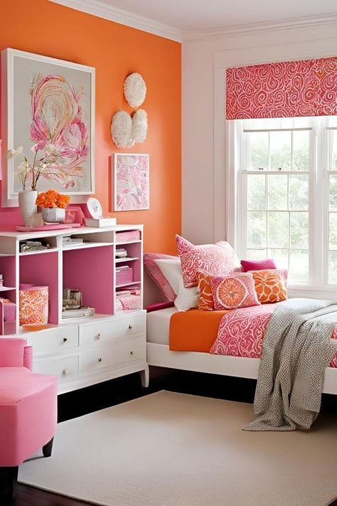 Pink And Orange Decor, Pink And Orange Bedroom, Sophisticated Bedding, Orange Room Decor, Orange Bedroom Ideas, Bedroom Colours, Preppy House, Bedroom Transformation, Cream Bedrooms